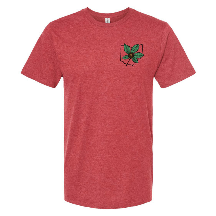 A red t-shirt with a graphic of a leaf and a flower on the front.