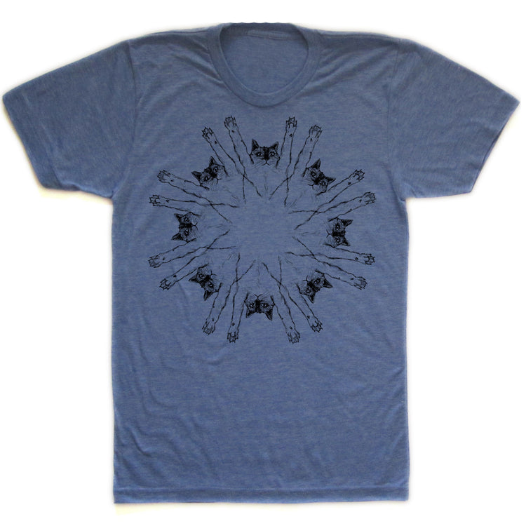 a blue t - shirt with black cats on it