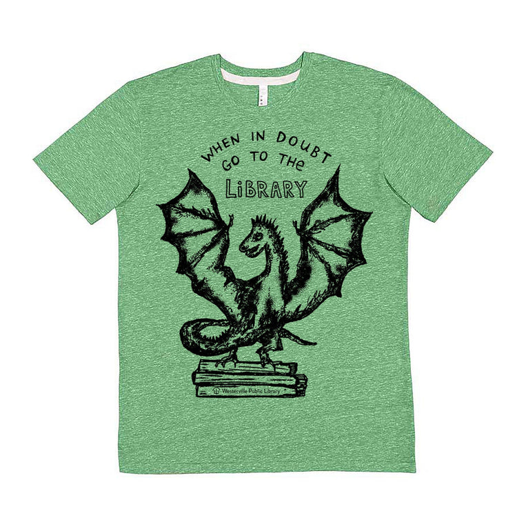 a green t - shirt with an image of a dragon on it