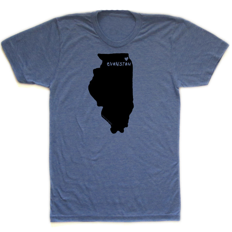 A blue t-shirt with a black silhouette of the state of Illinois.