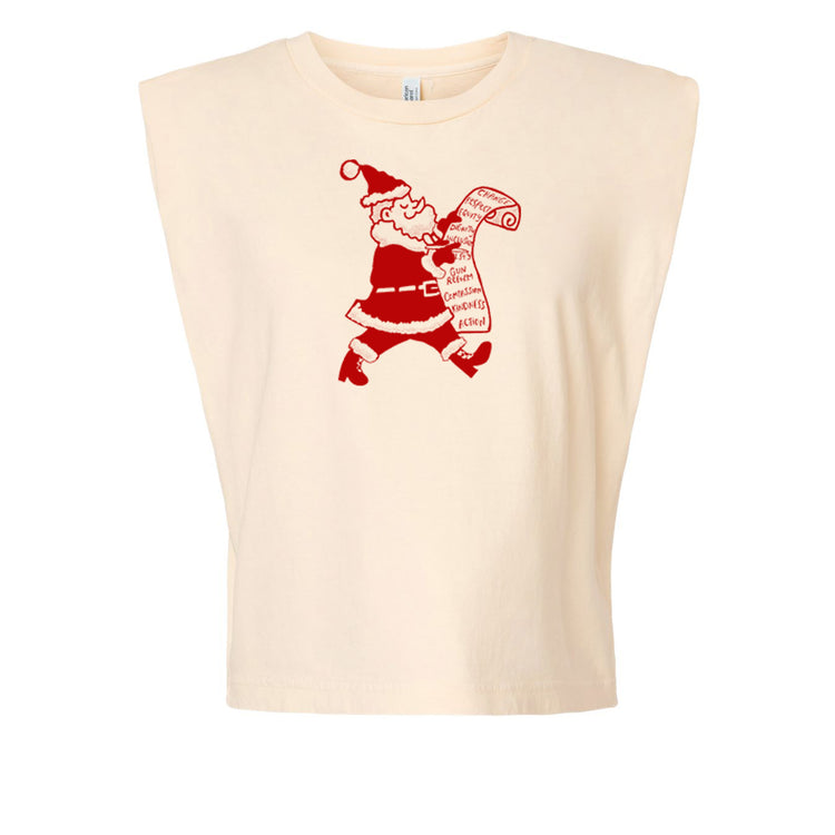 A white t-shirt with a red graphic design depicting a Santa Claus figure holding a scroll.