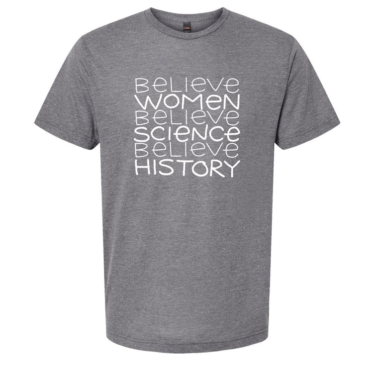 A gray t-shirt with white text printed on it.