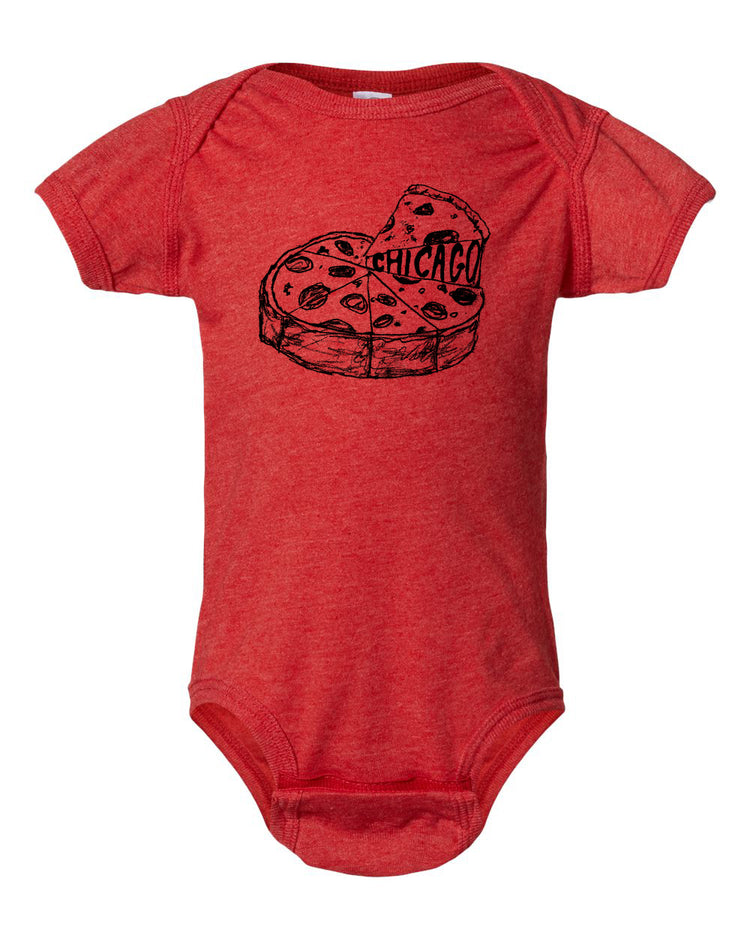 a red bodysuit with a heart shaped pizza on it