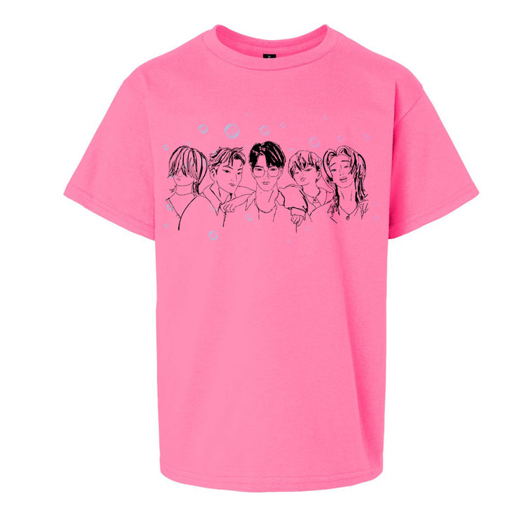A pink t-shirt with a graphic design featuring a group of stylized human faces arranged in a row.