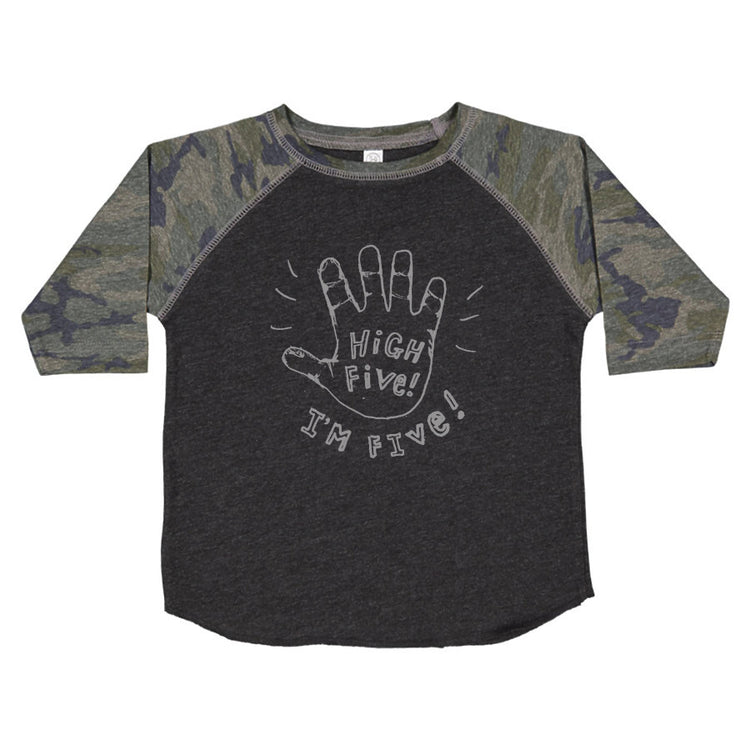 A gray and camouflage-patterned shirt with a handprint design and the text "High five! I'm five!" printed on it.