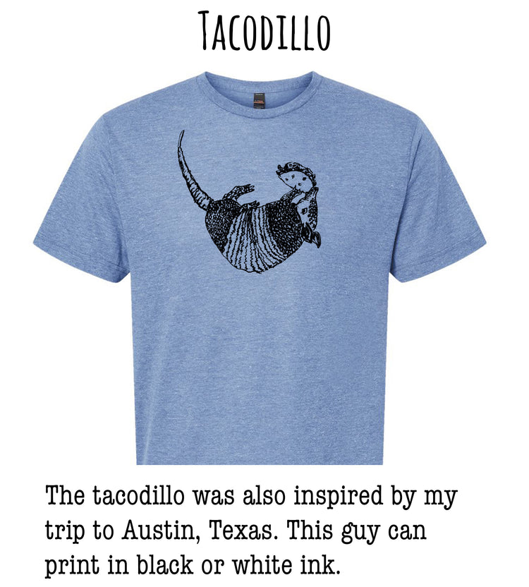 A blue t-shirt with a graphic of a tarantula or opossum printed on it.