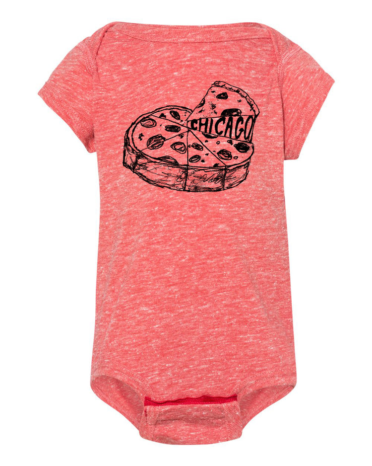 a baby bodysuit with a heart shaped pizza on it