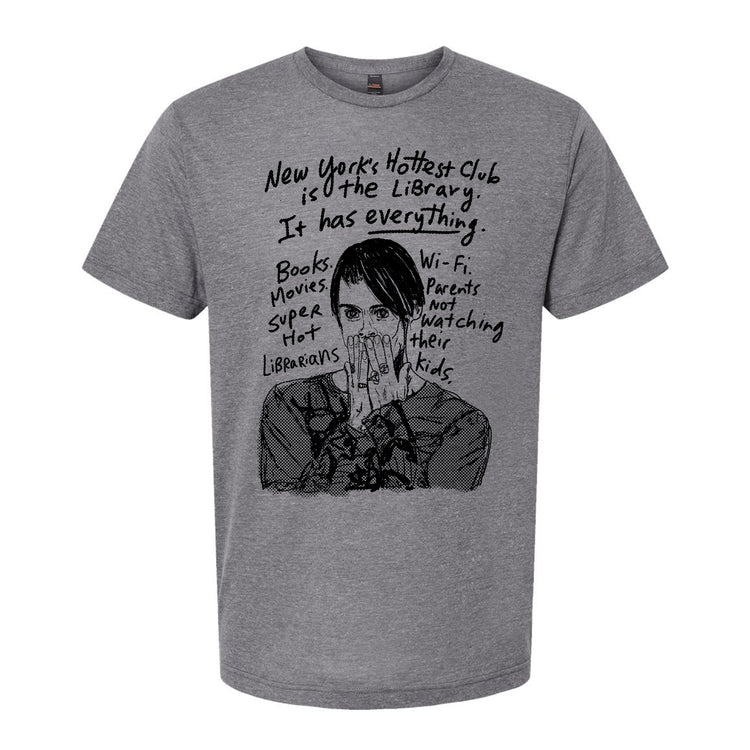 a person with their hand covering their mouth, and there is text surrounding the image that reads "New York's hottest club It has everything. It has books, movies, super hot hot tubs, and parents watching their kids."