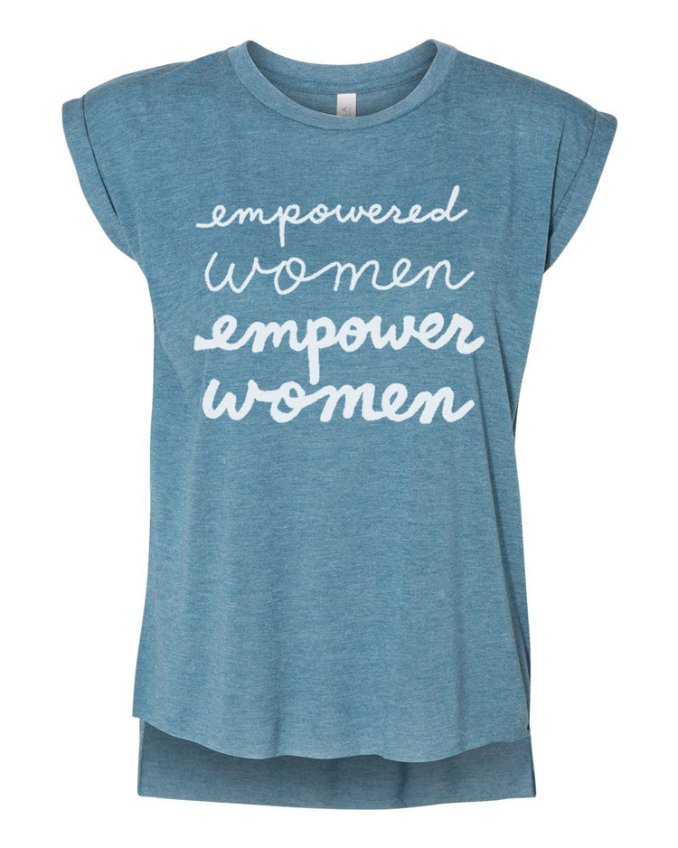 A blue t-shirt with the text "empowered women empower women" printed on it in white lettering.