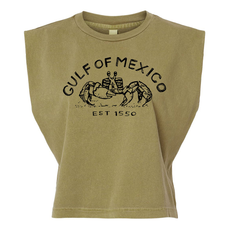 A beige t-shirt with a graphic design featuring a crab and the text "Gulf of Mexico" and "EST 1550".