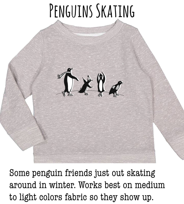 A gray sweatshirt with a graphic of four penguins skating on a snowy surface.