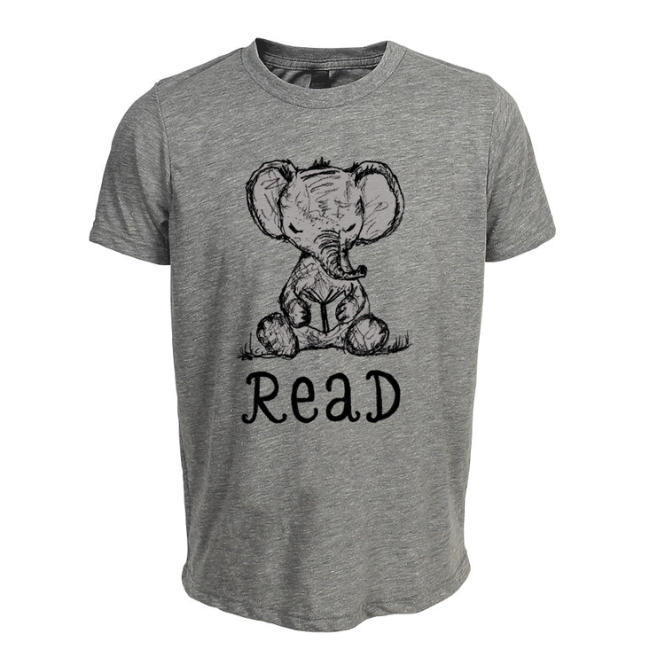 A gray t-shirt with a black and white illustration of a baby elephant and the text "Read" below it.