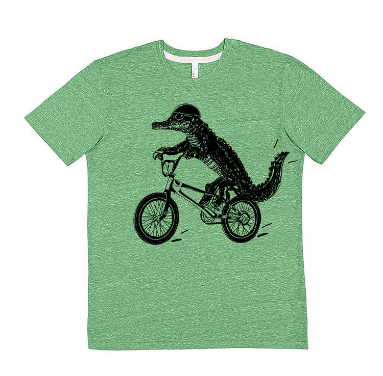 A green t-shirt with a black graphic of a crocodile riding a bicycle.