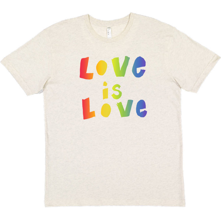 A white t-shirt with the text "Love is Love" printed in a rainbow color scheme.