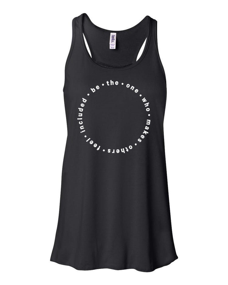 A black tank top with a white circular design on the front.