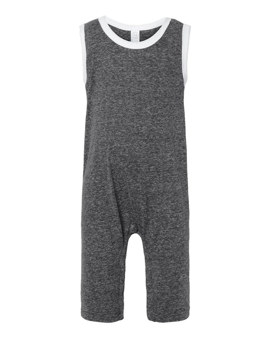 a baby boy's grey and white romper