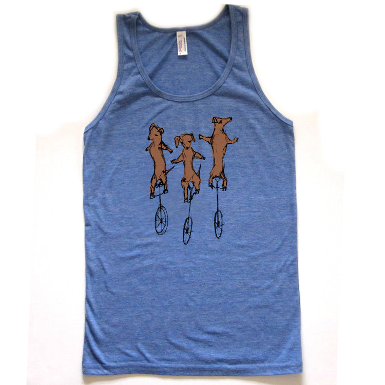 A blue tank top with a graphic design depicting three brown dogs riding on unicycle wheels.