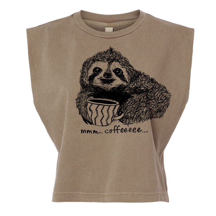 A t-shirt with a graphic design depicting a sloth holding a cup of coffee, accompanied by the text "mmm...coffee..."