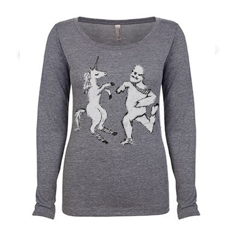 A gray long-sleeved t-shirt with a graphic design depicting a unicorn and a creature resembling a bear or similar animal.