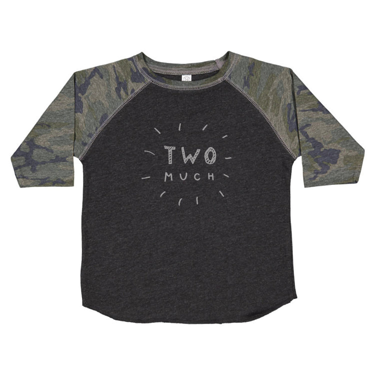 A gray t-shirt with a camo pattern on the sleeves and a graphic design on the front.