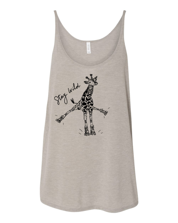A gray tank top with a graphic of a giraffe and the text "Stay wild" printed on it.