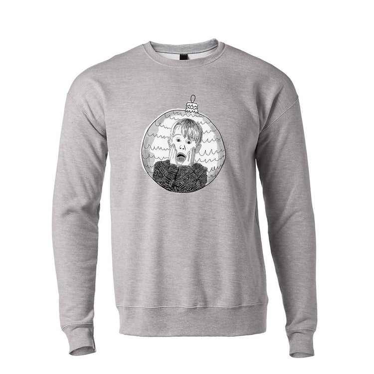 A gray sweatshirt with a graphic design depicting a person's face with a distressed expression, surrounded by a wavy pattern.
