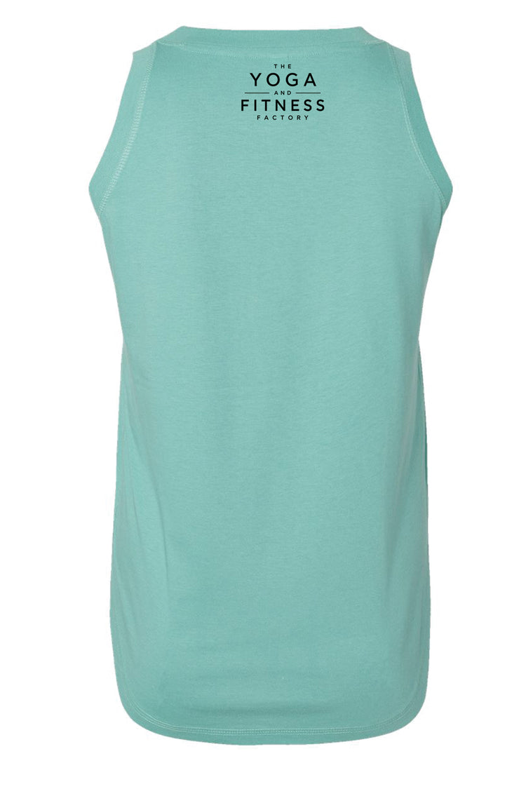 A turquoise tank top with the text "YOGA AND FITNESS FACTORY" printed on the back.