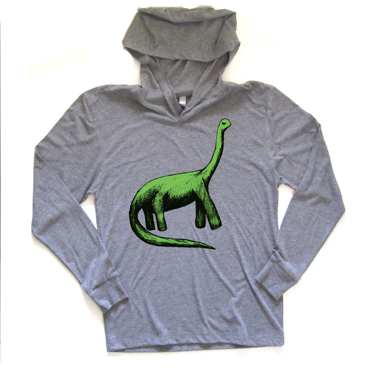 A gray hoodie with a green dinosaur graphic printed on it.