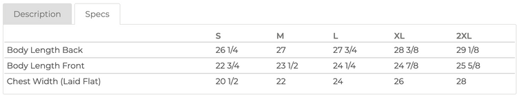 a table with various sizes and descriptions of clothing items, including a description of a shirt and a description of a jacket. The table provides information about the sizes and features of these clothing items.