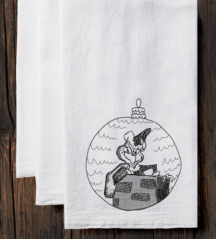 Grinch Tea Towel – Cotton Kitchen Linen | Hand Printed, Machine Washable Towel