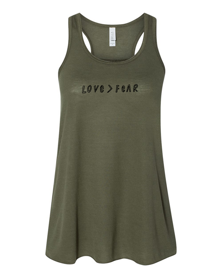 Women's Flowy Tank – Love > Fear Racerback Tank Top | Soft Cotton Apparel