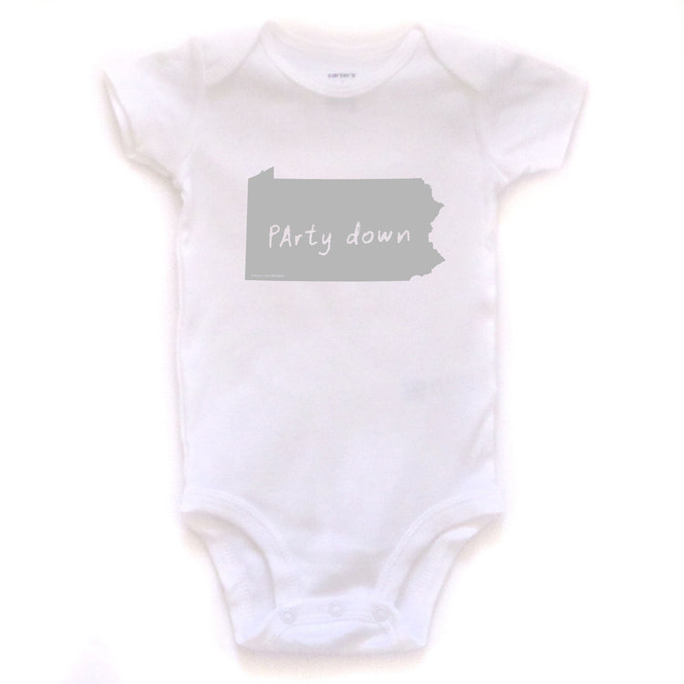 Pennsylvania : PArty down bodysuit (white), Baby Apparel - Megan Lee Designs