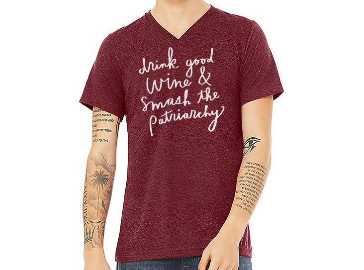 Unisex V-Neck T-Shirt - Hand Printed Drink Wine Tee | Soft Tri Blend Casual Shirt