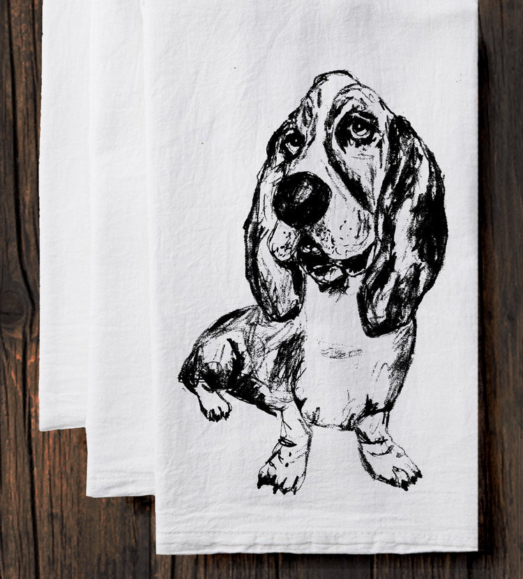 Basset Hound Tea Towel – Soft Cotton Kitchen Towel | Hand Drawn Dog Art
