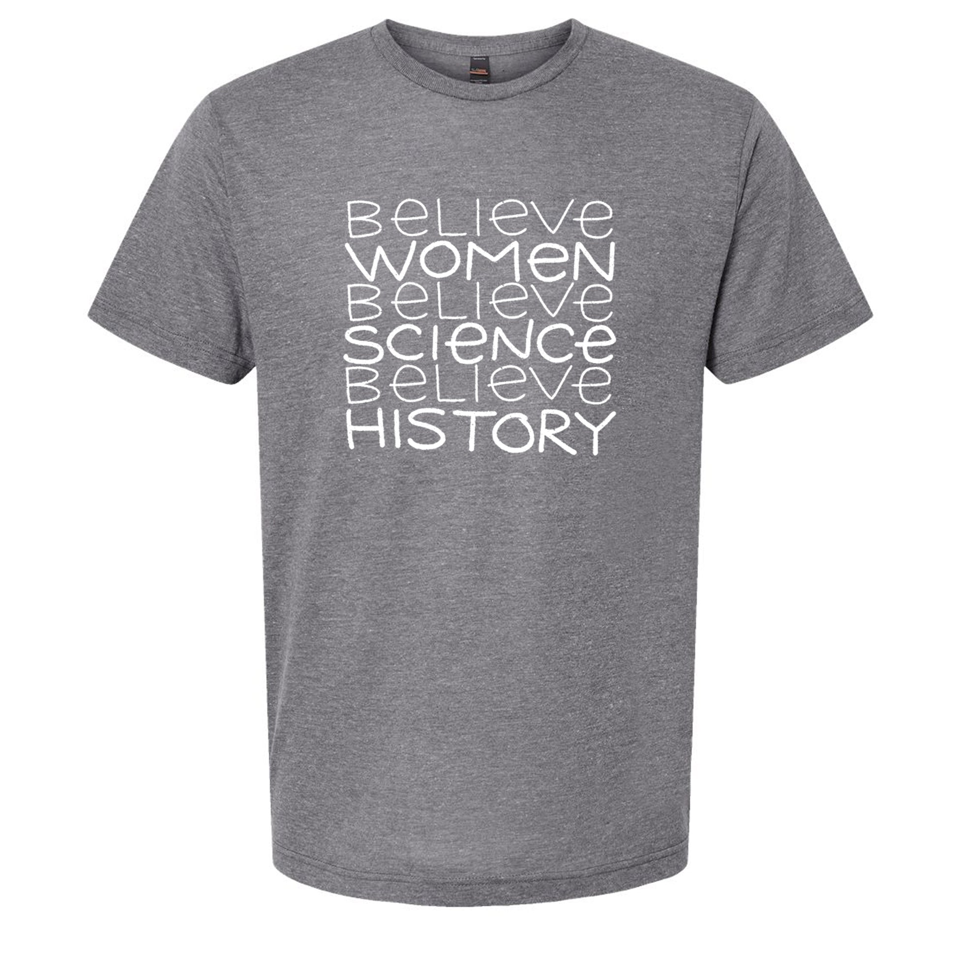 A gray t-shirt with white text printed on it.