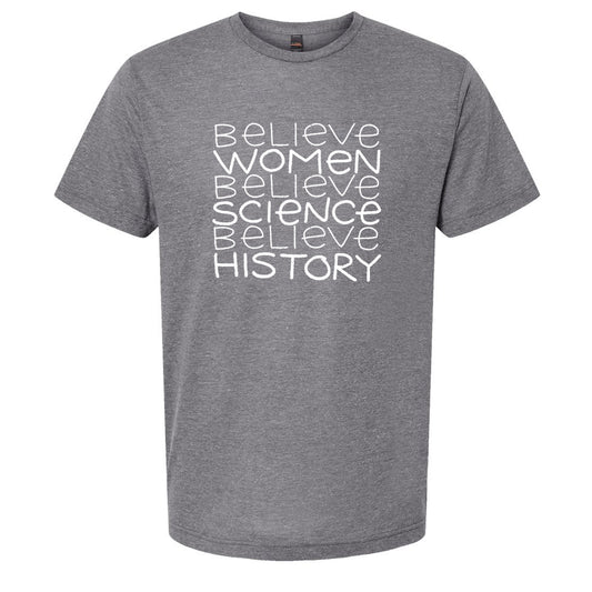 A gray t-shirt with white text printed on it.