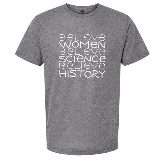 A gray t-shirt with white text printed on it.
