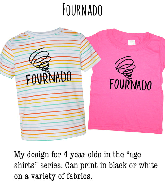 two shirts with the word "FOURNADO" printed on them. The shirts are striped and appear to be designed for a 4-year-old.