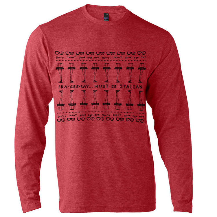 A red long-sleeved t-shirt with a graphic design featuring a pattern of sunglasses and text.