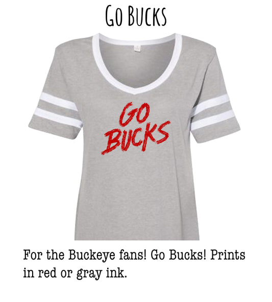 A gray t-shirt with the text "GO BUCKS" printed in red on the front.