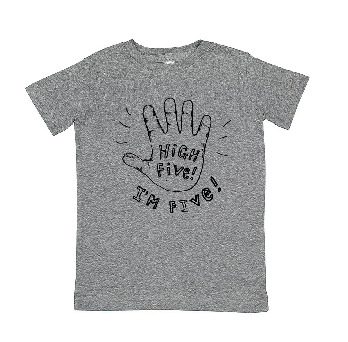 A gray t-shirt with a handprint graphic and text printed on it.