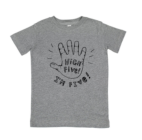 A gray t-shirt with a handprint graphic and text printed on it.
