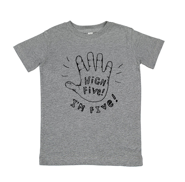 A gray t-shirt with a handprint graphic and text printed on it.