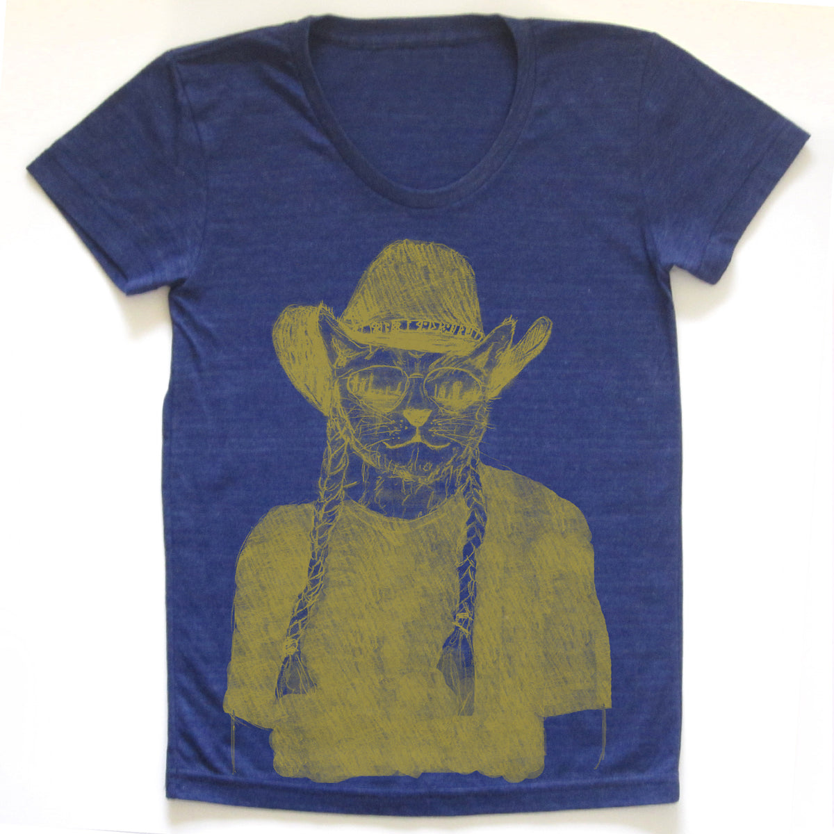 A blue t-shirt with a yellow illustration of a cat wearing a cowboy hat and sunglasses.