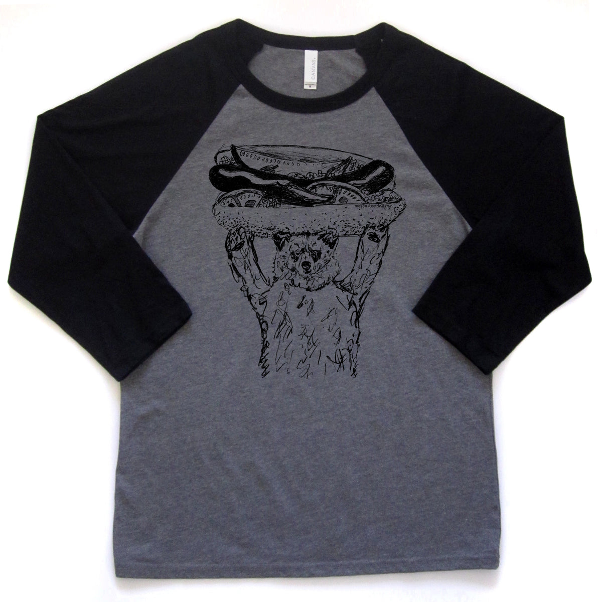 a gray and black baseball-style t-shirt with a graphic of a cat holding a hot dog on its head.