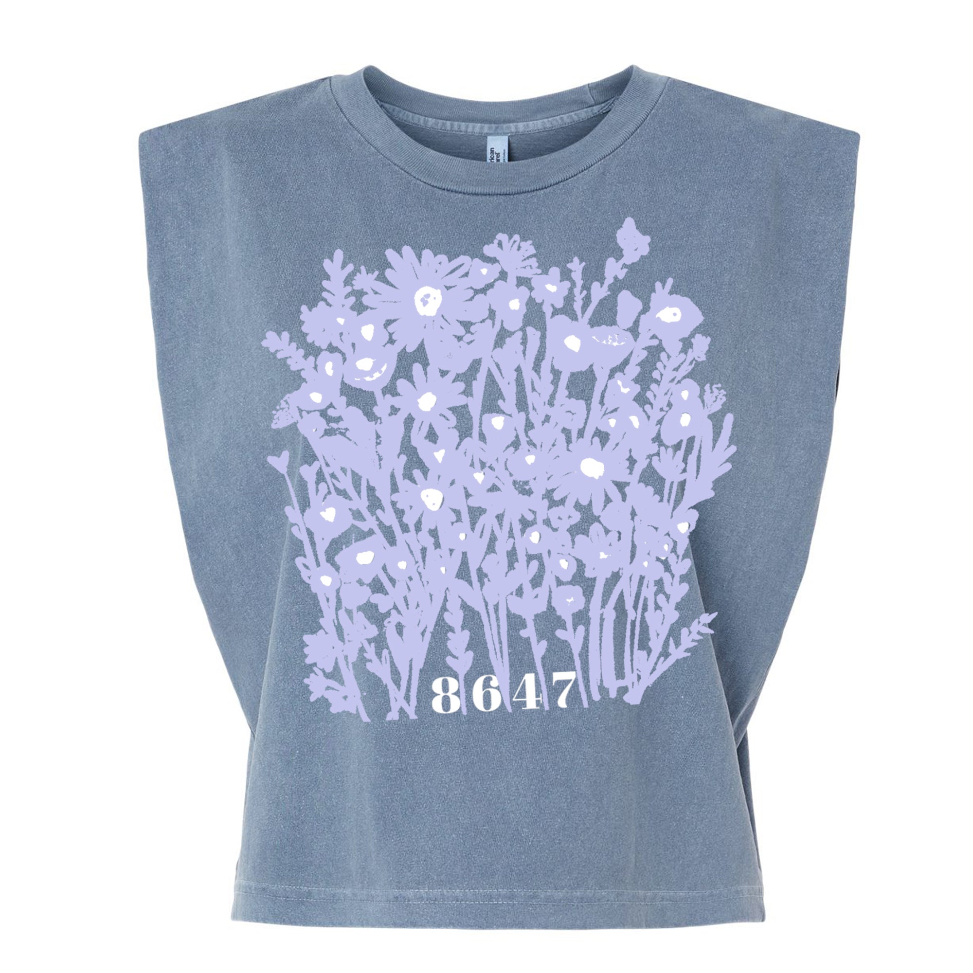 A gray t-shirt with a graphic design of purple flowers and the number "8647" printed on it.