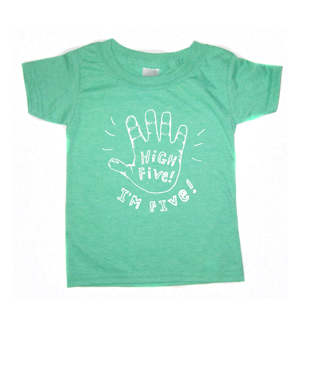 A green t-shirt with a handprint design and text printed on it.