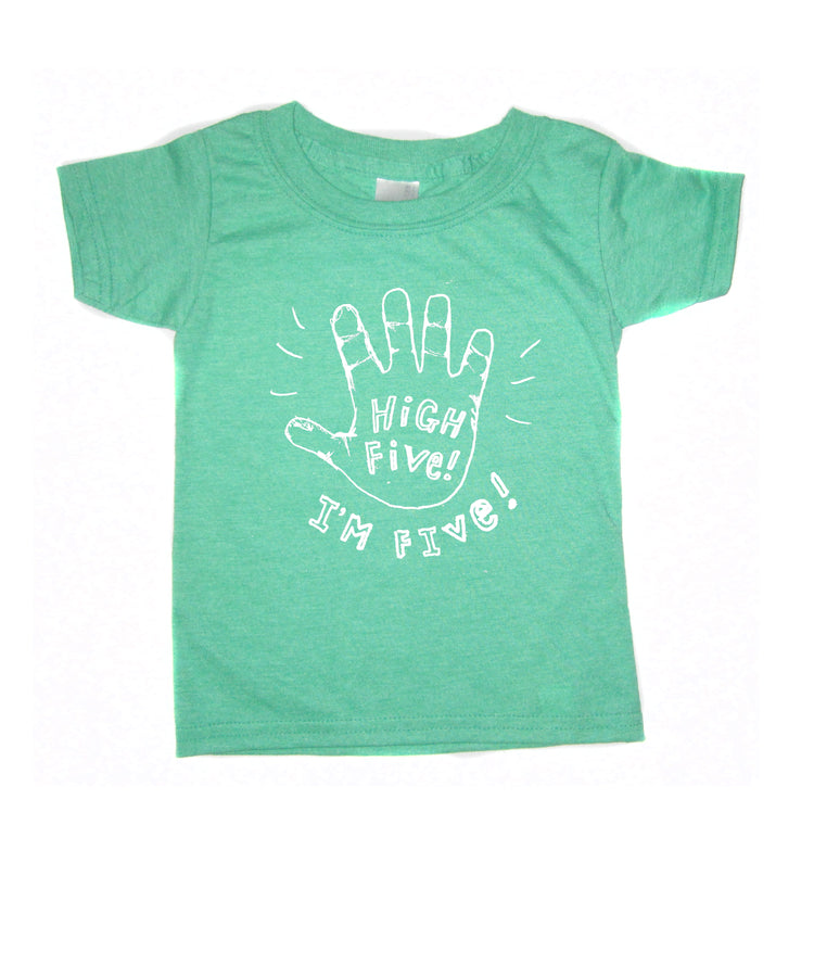 A green t-shirt with a handprint design and text printed on it.