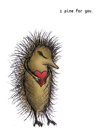A cute, furry creature with a heart-shaped body holding a red heart, accompanied by the text "I pine for you."