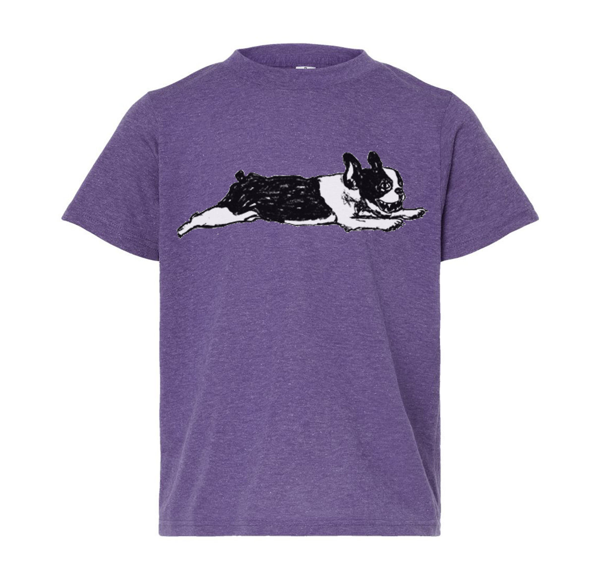 A purple t-shirt with a graphic of a black and white dog lying down.